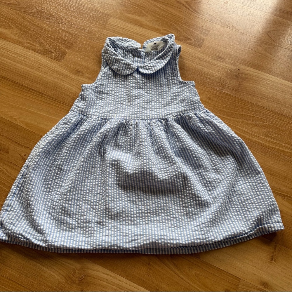H&M seersucker young girls‎ 5T sleeveless dress great collar blue and white